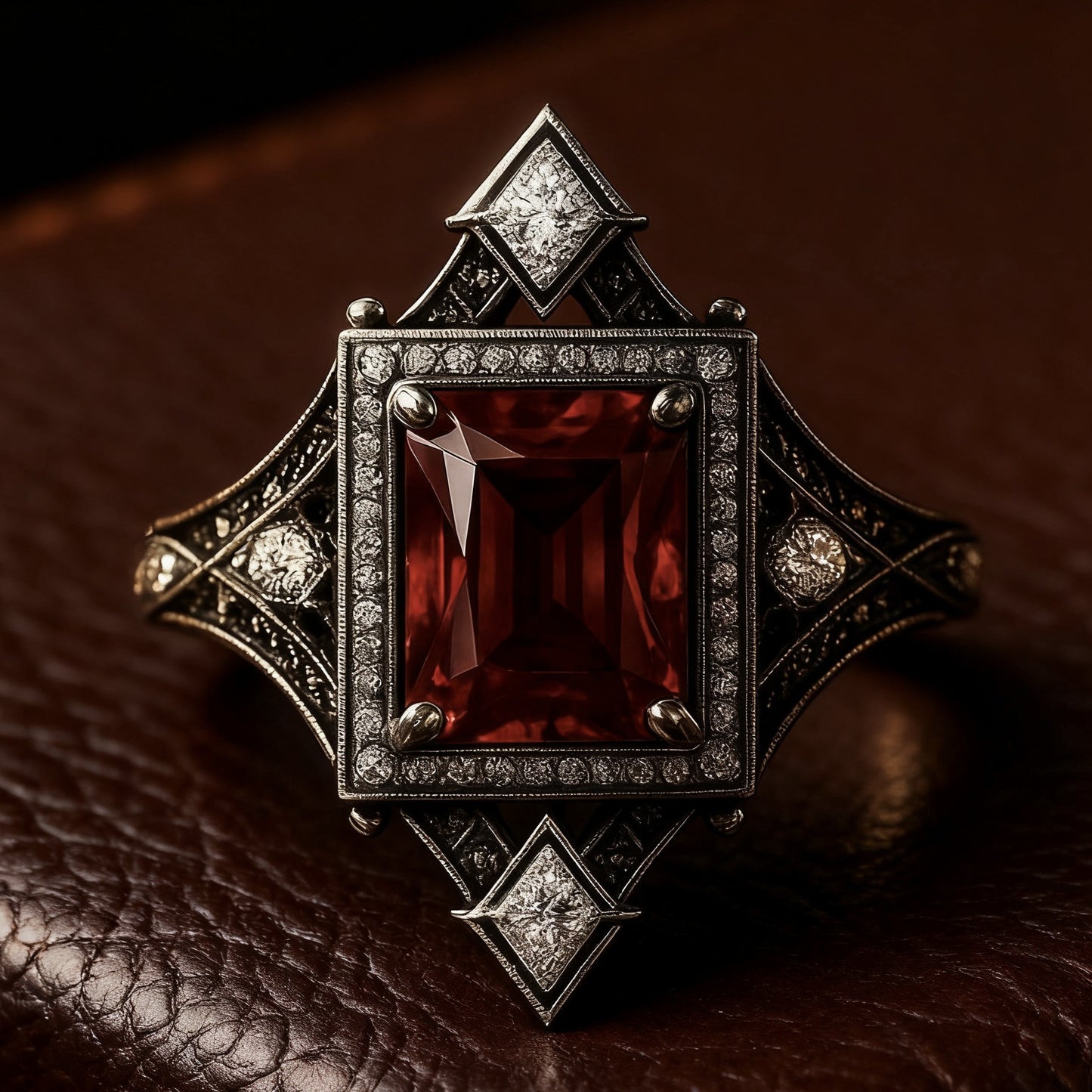 Women's Retro Sier Inlaid Red Square Diamond Ring