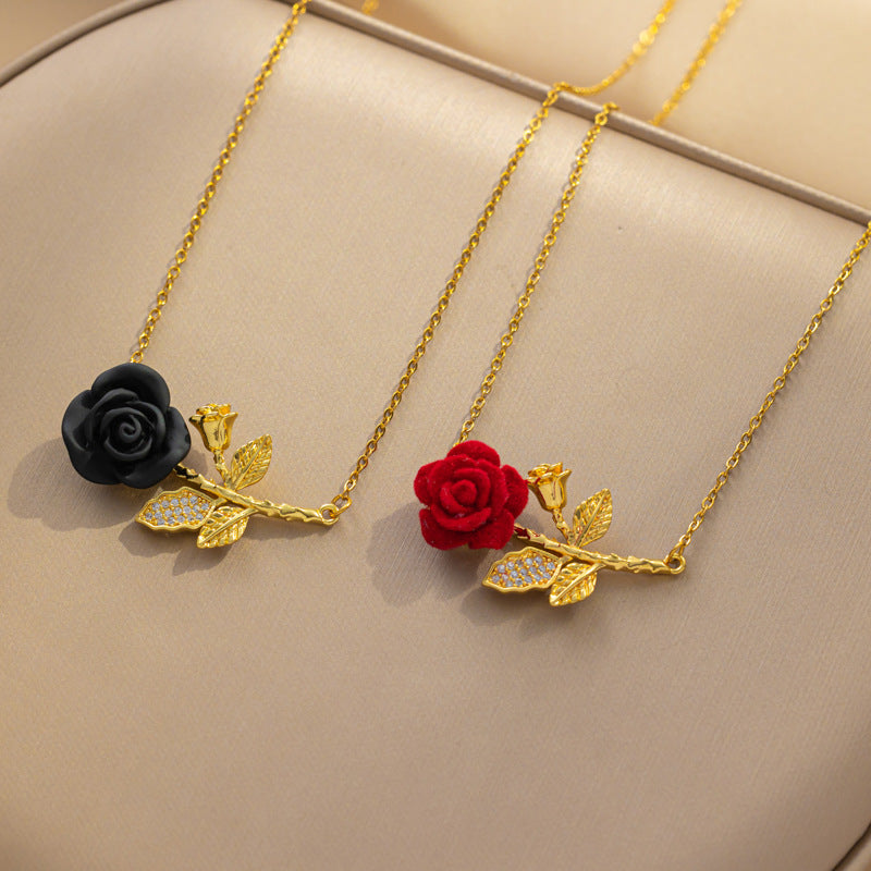 Romantic Red Roses Titanium Steel Female Wine Temperament Micro Inlaid Necklace