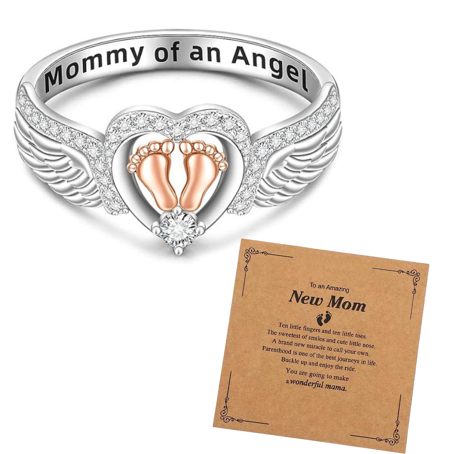 Creative Mother's Angel Wings Heart Engraved Ring