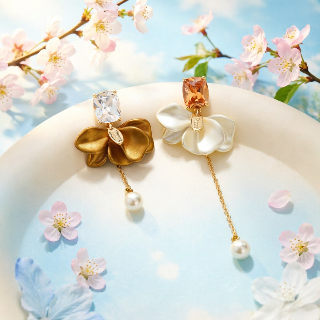 Women's French Style Zircon Flower Tassel Pearl Temperament Entry Lux Earrings