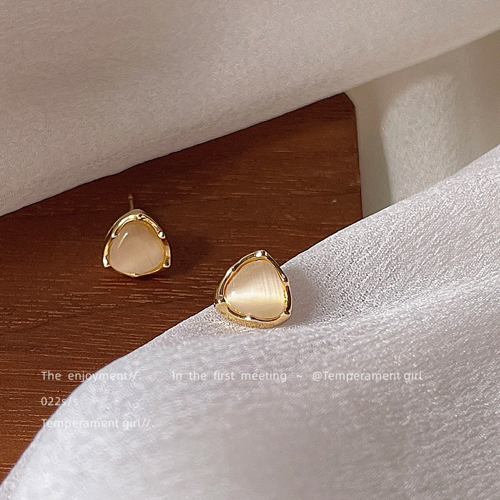 Sier-plated Geometric Triangle Glass Opal Stone Ear Small Stud Earrings