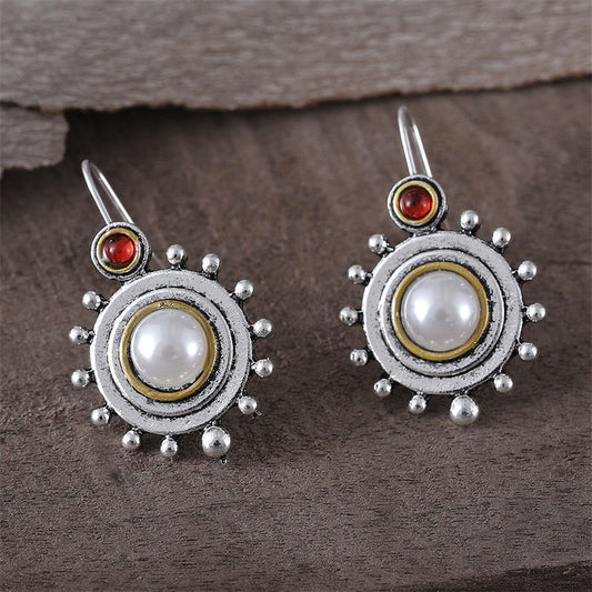 Style Retro Minority Round Pearl Flower Disk High Sense Affordable Earrings