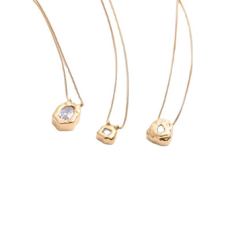 Shaped Gold Block Inlaid Zircon Titanium Steel Necklaces