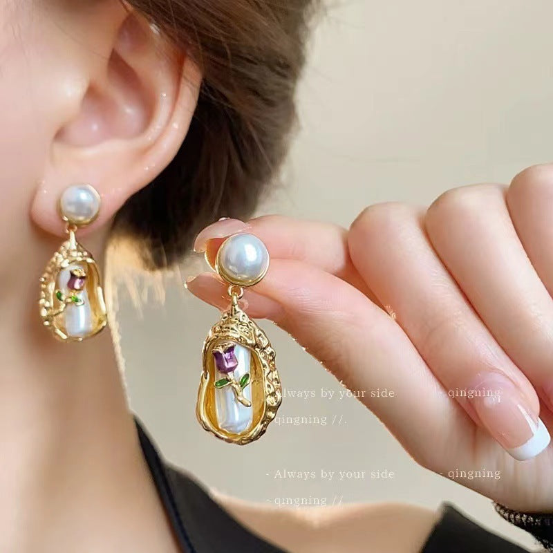 Women's Sier Needle Fresh Flower For Light Luxury Minority High-grade Pearl Stud Earrings