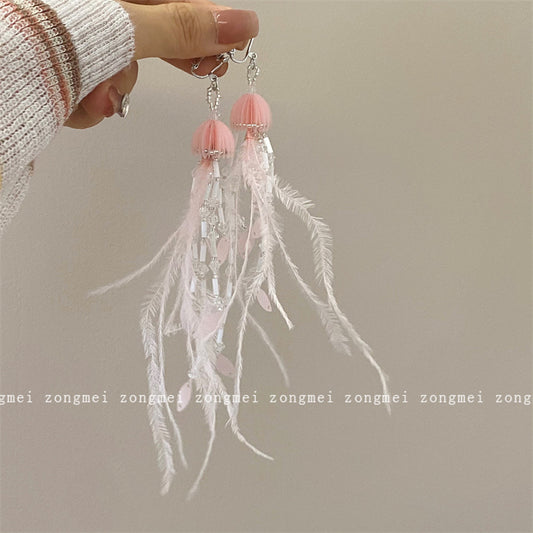 Fairy Feather Beaded Tassel Ear Clip Earrings