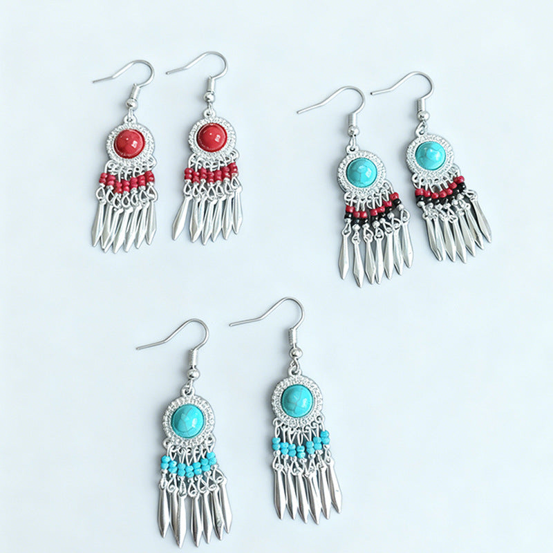 Women's Turquoise Retro Ethnic Style Tassel Miao Sier Earrings