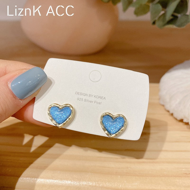 Women's Sier Needle Blue Loving Heart Small Simple Cold Style High Earrings