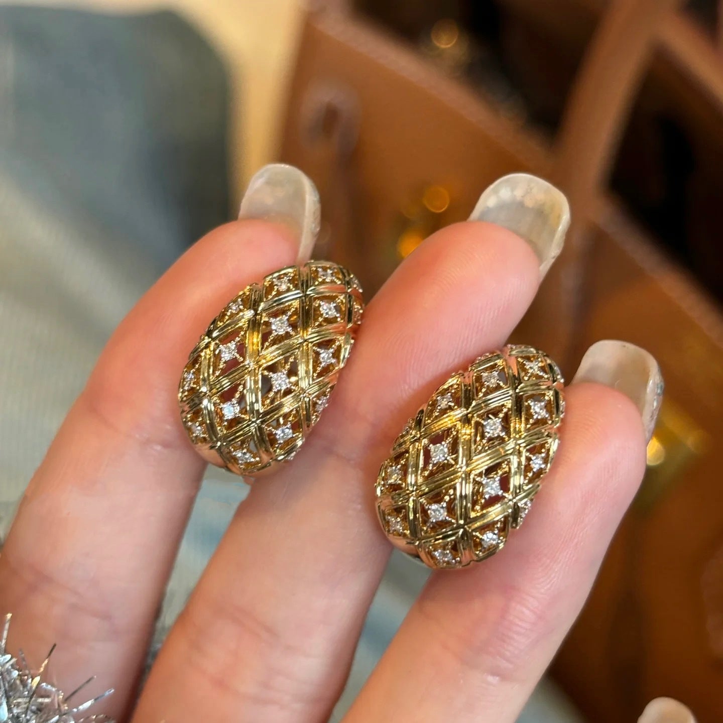 French Vintage Style Woven Hollowed Micro Inlaid Zircon Clip Diamond Earrings
