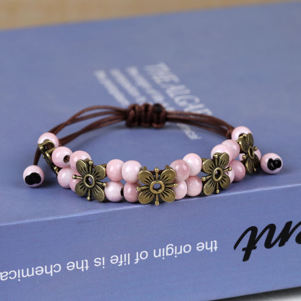 Bohemian Style Ceramic Beads Vintage Four-leaf Clover Copper Bracelets
