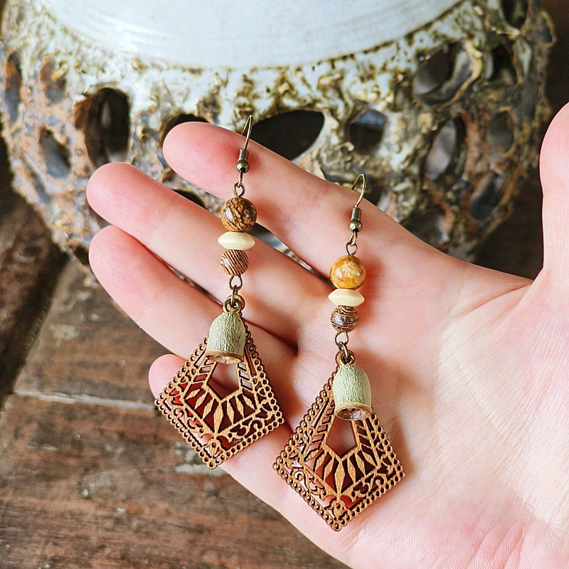 Style Retro Minority Mori Bohemian Indian Wandering Hollow Wood Grain Earrings