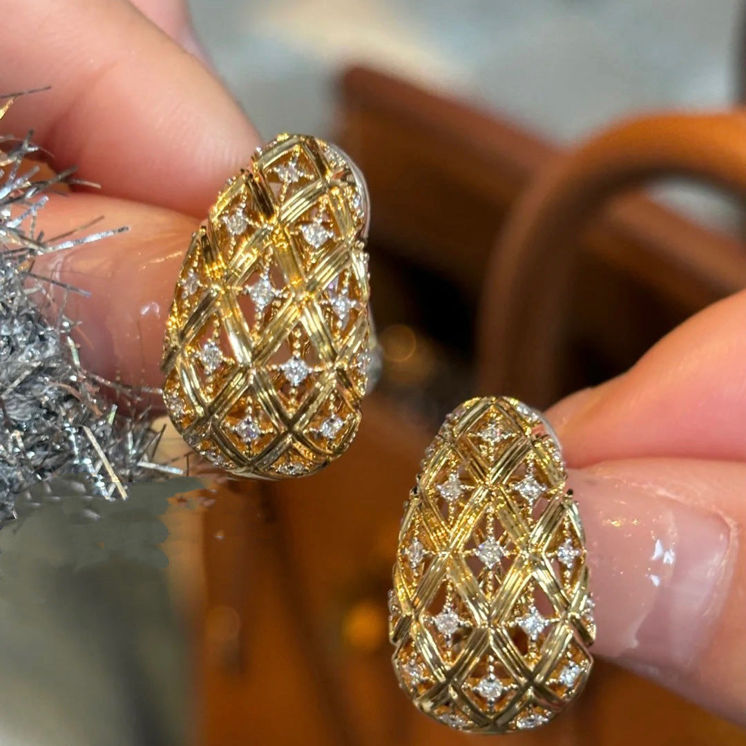 French Vintage Style Woven Hollowed Micro Inlaid Zircon Clip Diamond Earrings