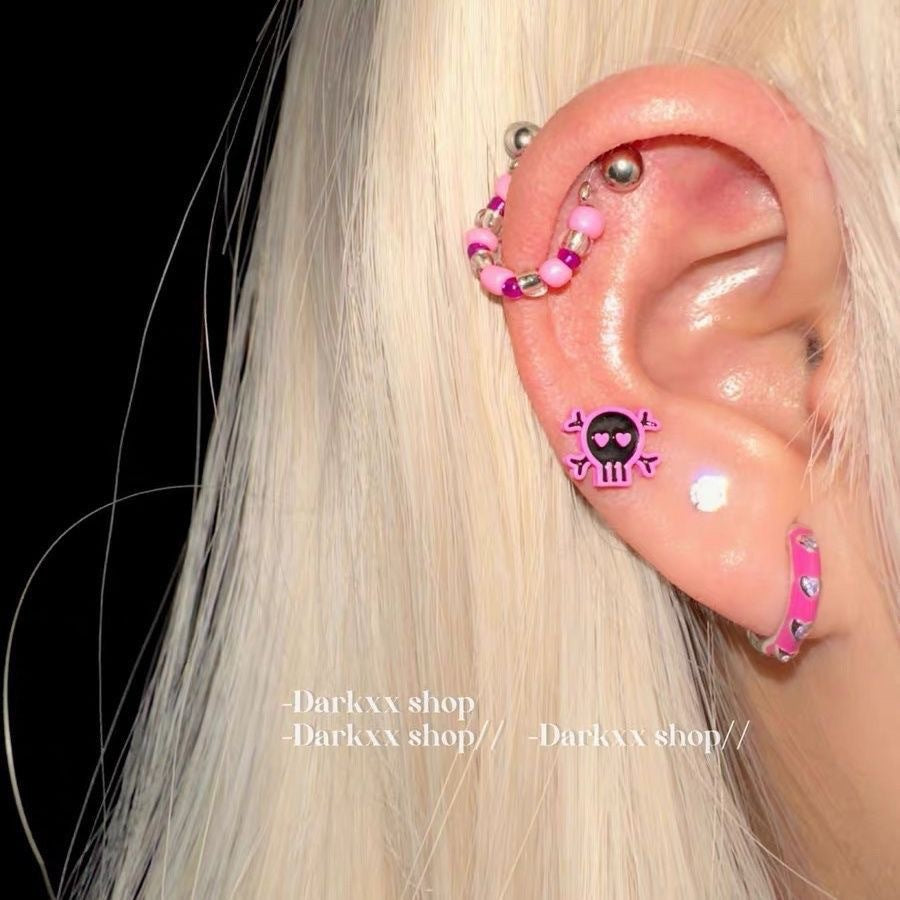 Culture Hot Sweet Rose Red Beaded Ear Bone Stud Earrings