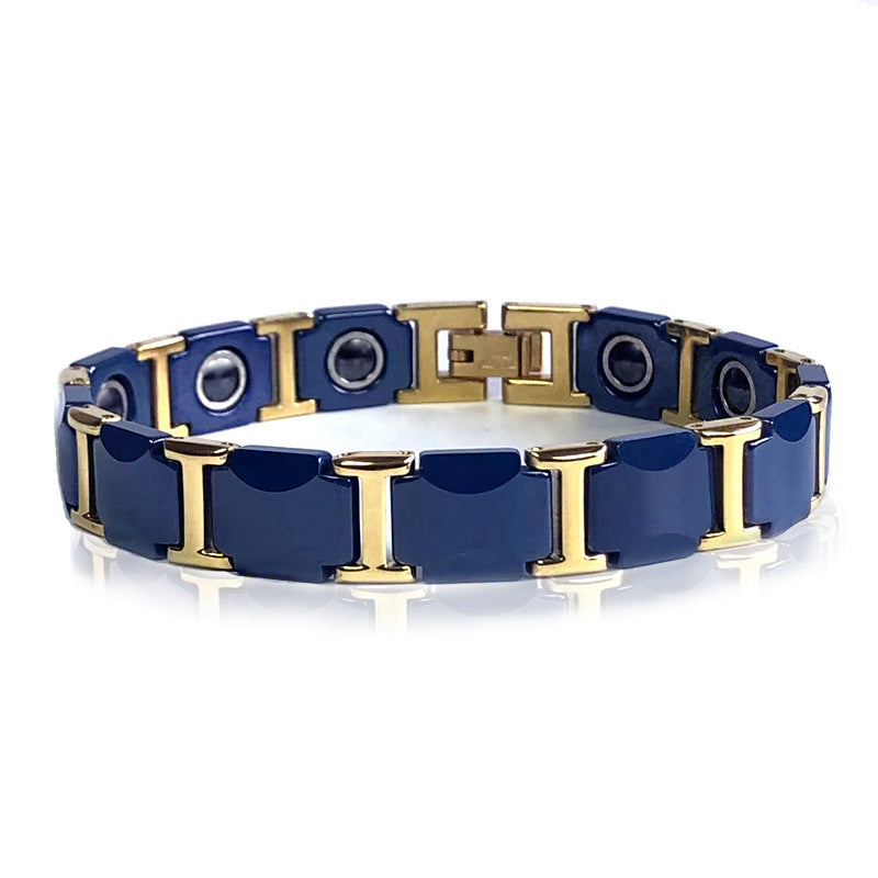 Men's Steel With Blue Black Crescent Ceramic Magnetic Golden Bracelets
