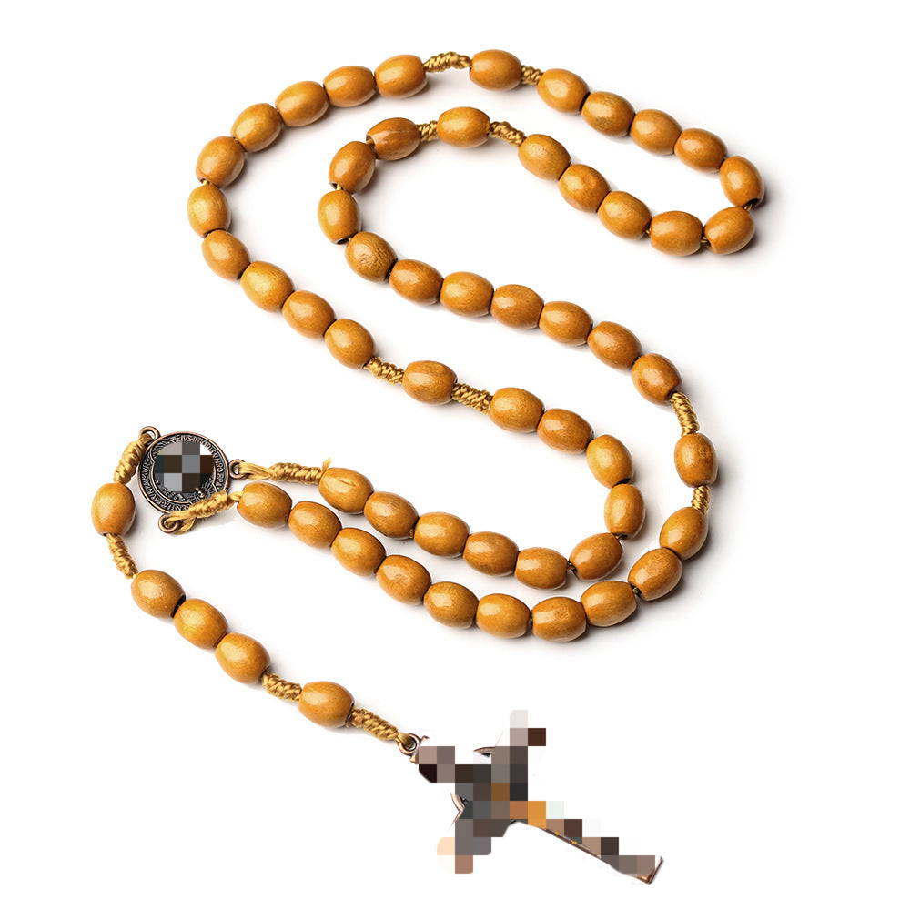 Cross Rosary Hand Knotted Wooden Bead Coffee Necklace