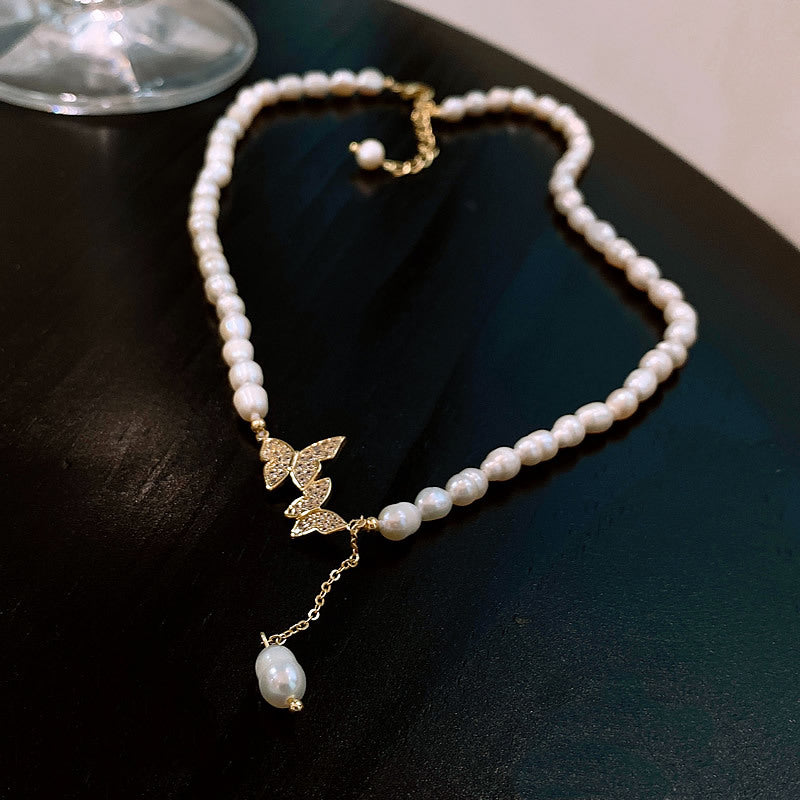 Women's Grain Freshwater Pearl Micro Inlaid Zircon One-piece Necklaces