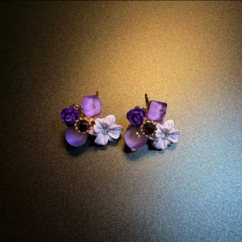 Vintage Pink Geometric Sweet Flowers Ear Stud Earrings