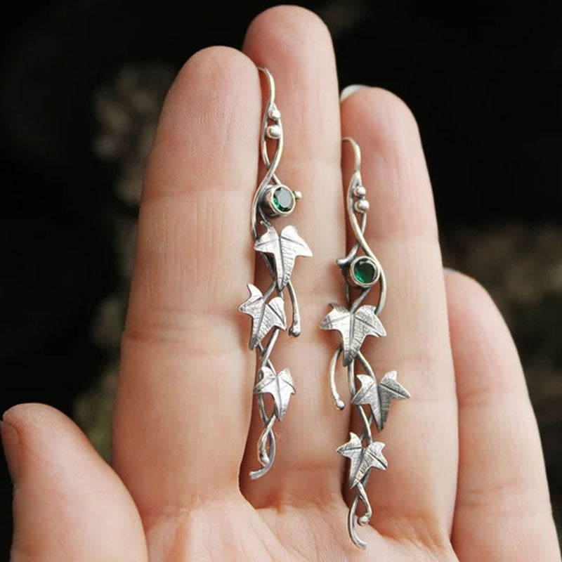 Women's Plant Leaf Vine Ancient Sier Diamond Earrings