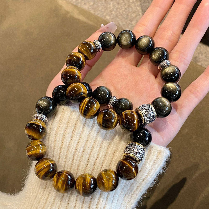 Men's Tigereye Gift Husband Obsidian Gold Crystal Bracelet