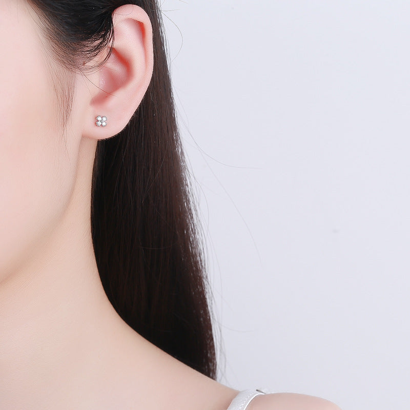 Clover Zircon Thread Female Sterling Sier Simple Design Screw Earrings