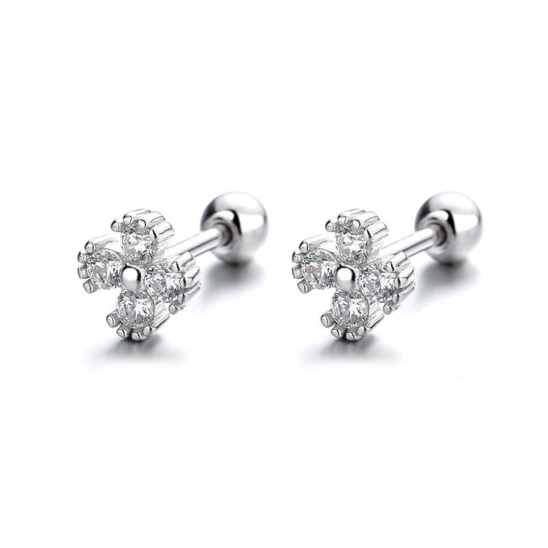 Clover Zircon Thread Female Sterling Sier Simple Design Screw Earrings