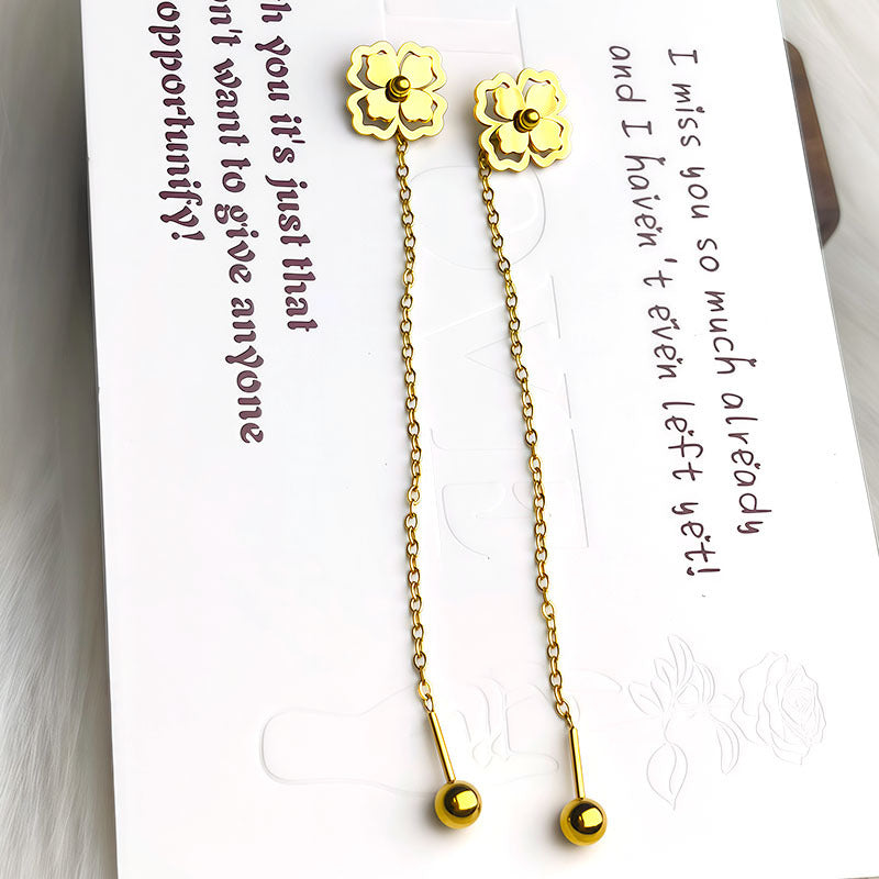 Women's Steel Frosted Gold Clover Lines Rose Temperamental Tassels Stainless Long Ear Line