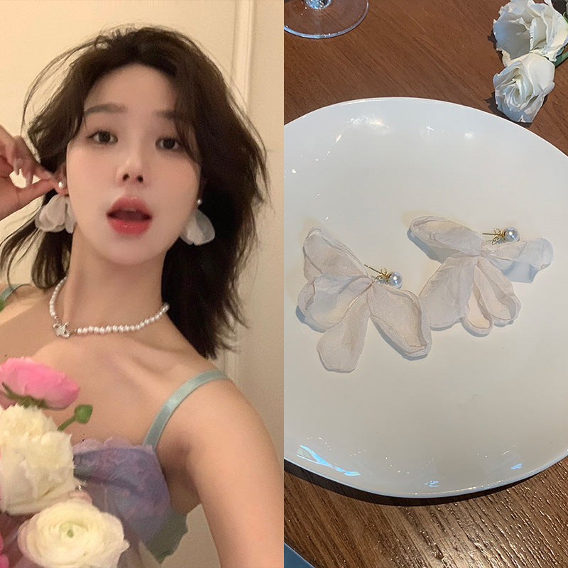 Summer Seaside Flower Chiffon Pearl High-grade Vacation Style Sier Earrings