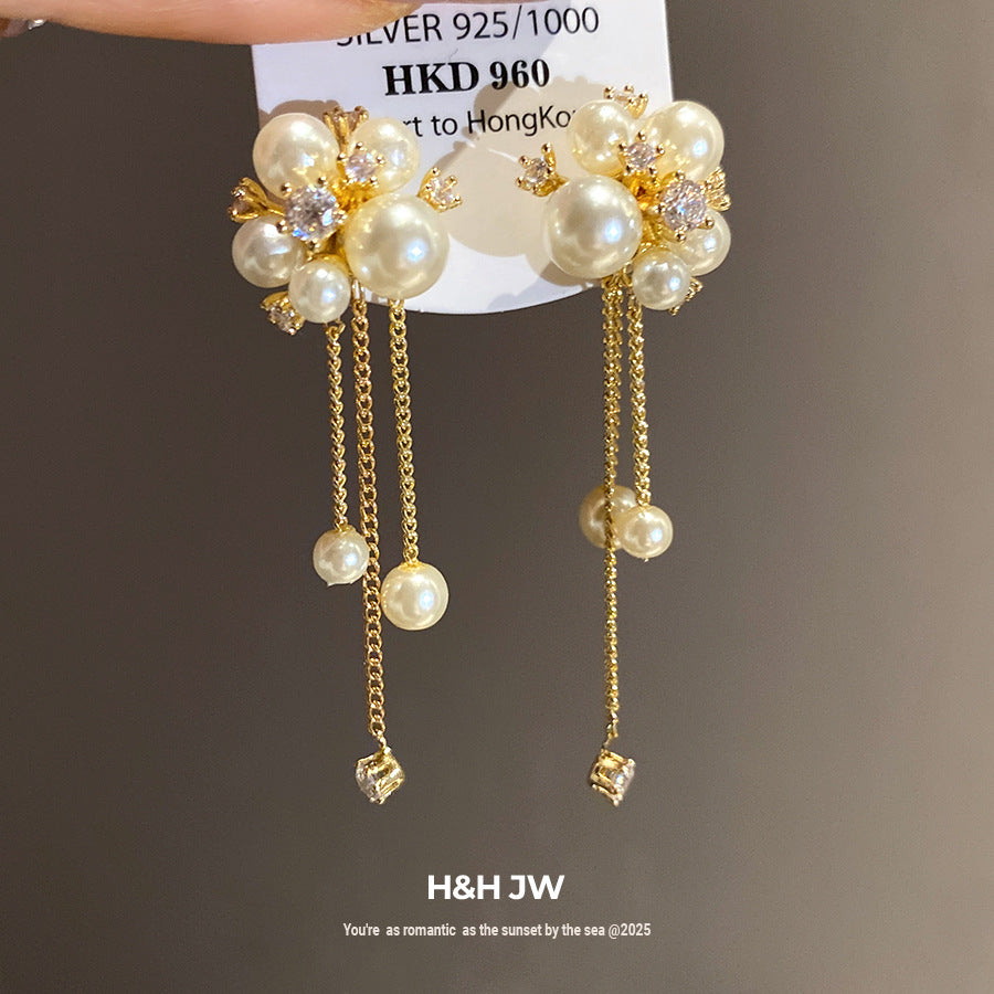 Zircon Tassel Pearl Flower Elegant Wild Light Luxury High-grade Design Earrings
