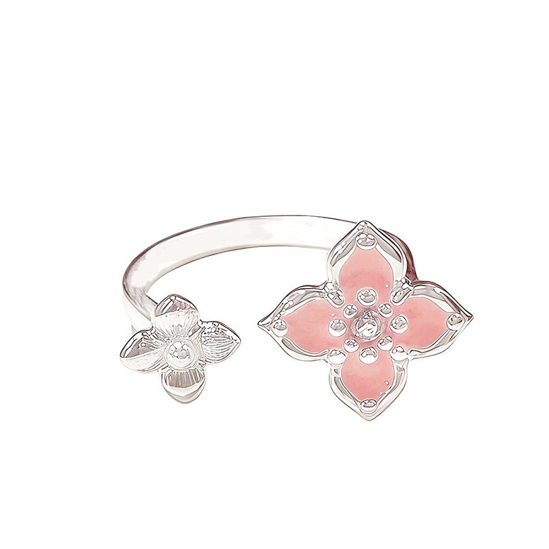Women's Spring Sweet Pink Cherry Double Flower Niche Knot Design Sense Ring
