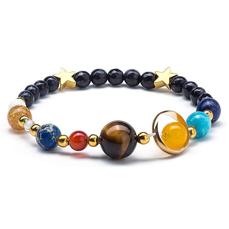 Women's Stone Elastic String Eight Planets Solar System Blue Bracelets