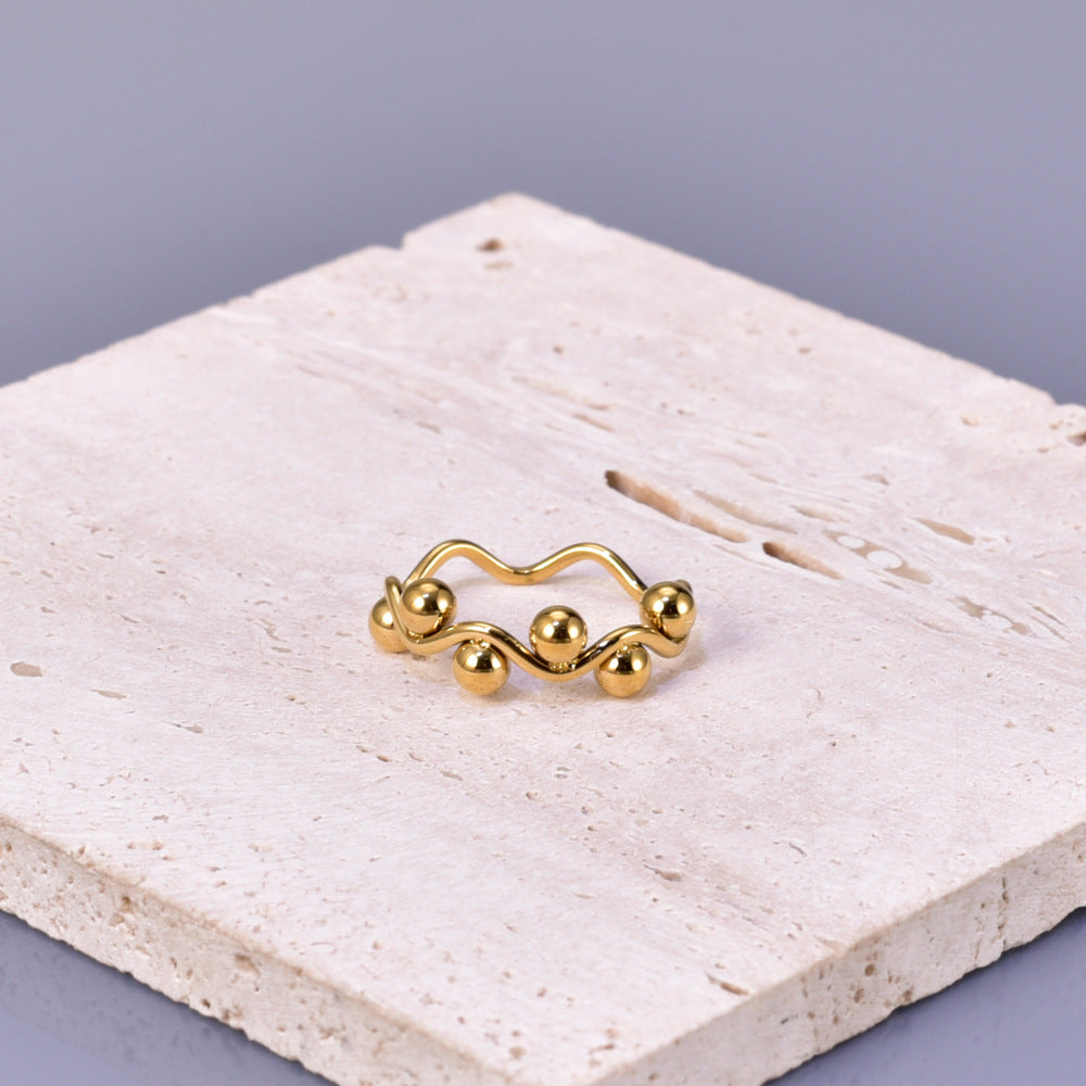 Steel Female Fashion Personality Design Wave Bead Temperament Ring
