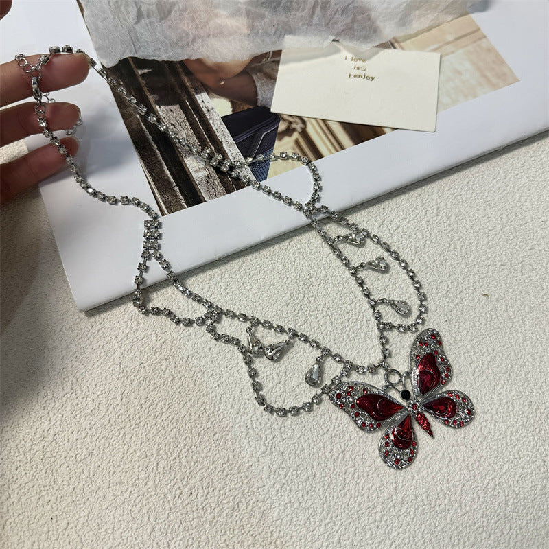 Red Butterfly Tassel Diamond Female Niche Temperament Necklaces