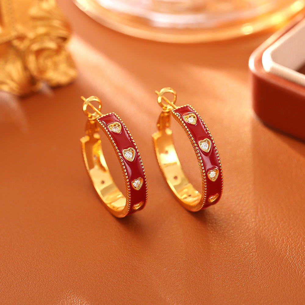 Retro Style Loving Heart Zircon Enamel Fashion Romantic Gentle Earrings