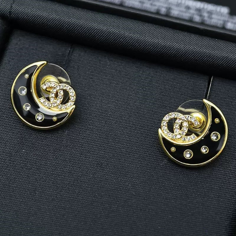 Women's Pairs Of Rhinestone Letters Light Luxury High Sense Moon Sier Earrings