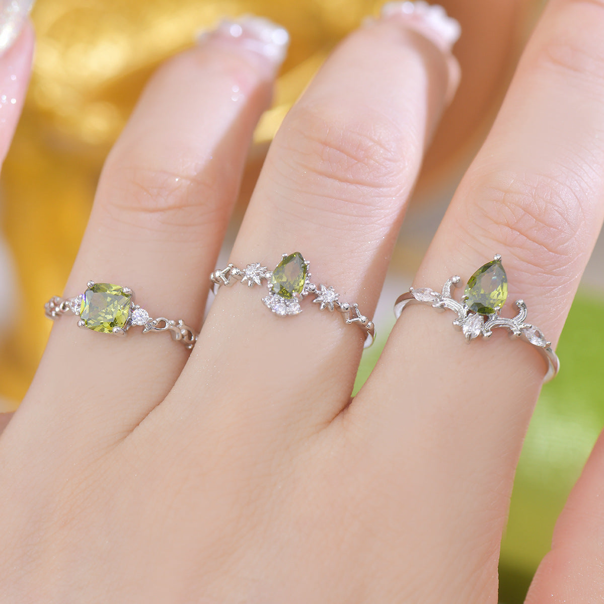 Flower Branch Design Water Drop Zircon Olive Green Purple Rings