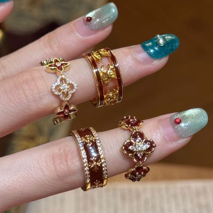 Women's Red Drip Glazed Flower-de-luce Light Luxury High-grade Cross Index Finger Rings