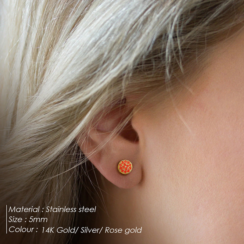 Women's Stainless Steel Petite Round Full Diamond Gold Earrings