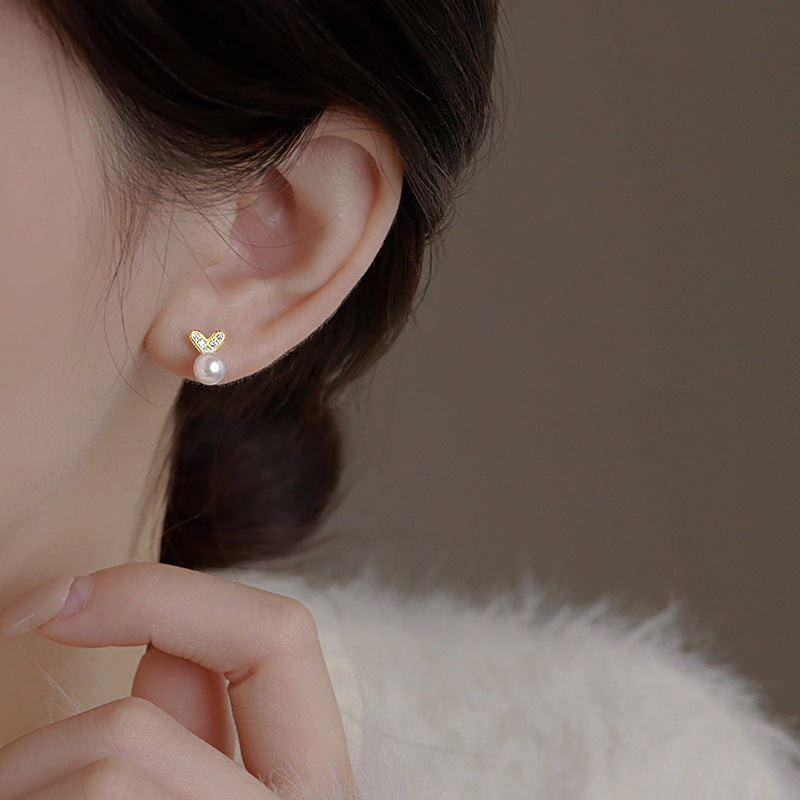 Cute With Diamonds Pearl Heart-shaped Female Graceful Fashionable Design Rabbit Ear Line