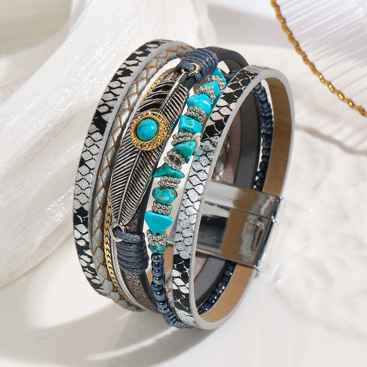 Bohemian Gravel Feather Leather Vintage Turquoise Bracelets