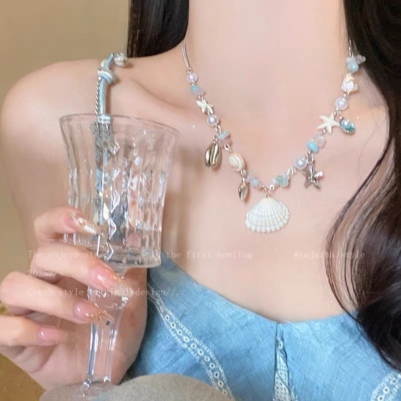 Style Shell Beaded Adjustable Design Hand-made Braided Rope Sweet Clavicle Necklace