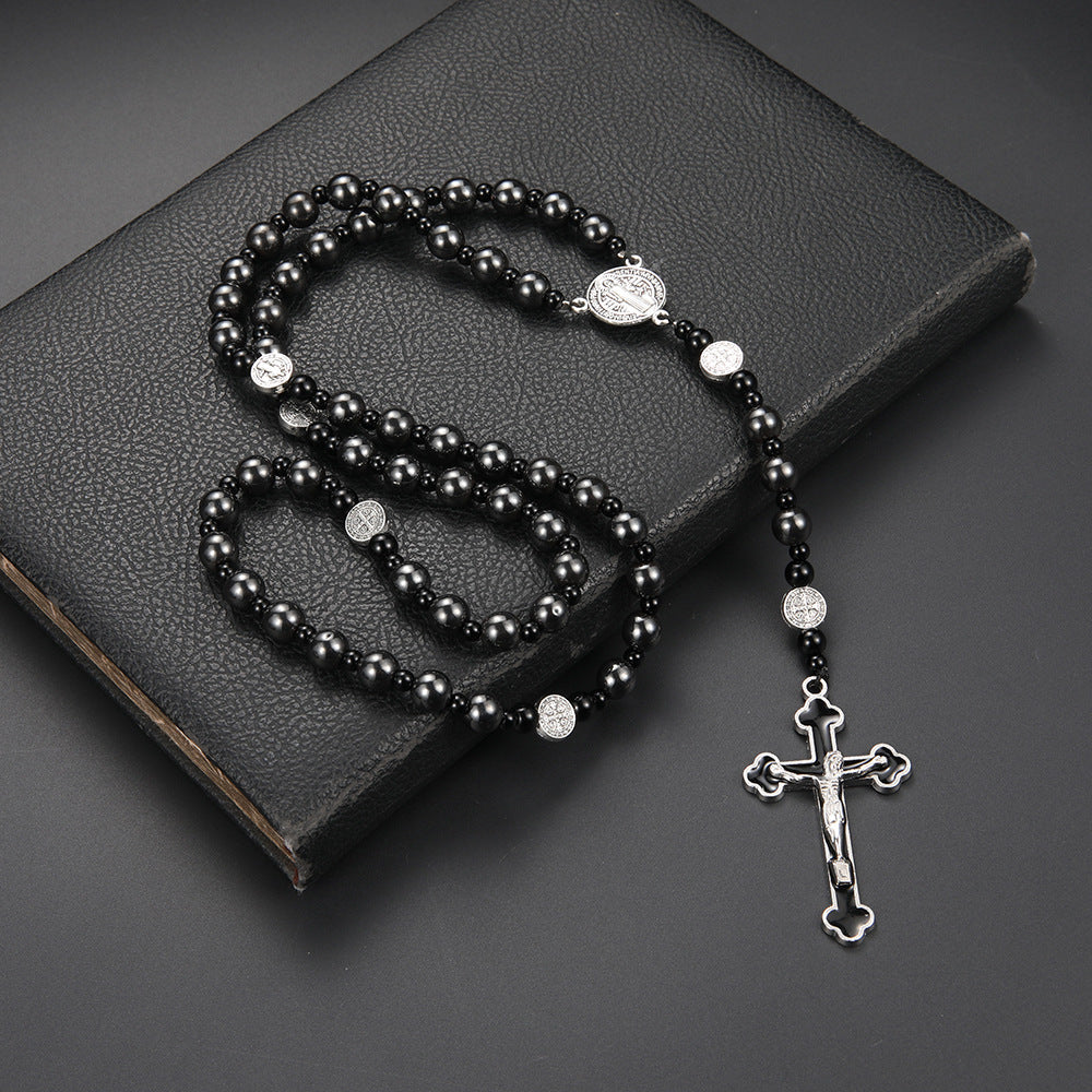 Men's Black Volcanic Rock Haematite Alloy Benedict Religious Necklaces