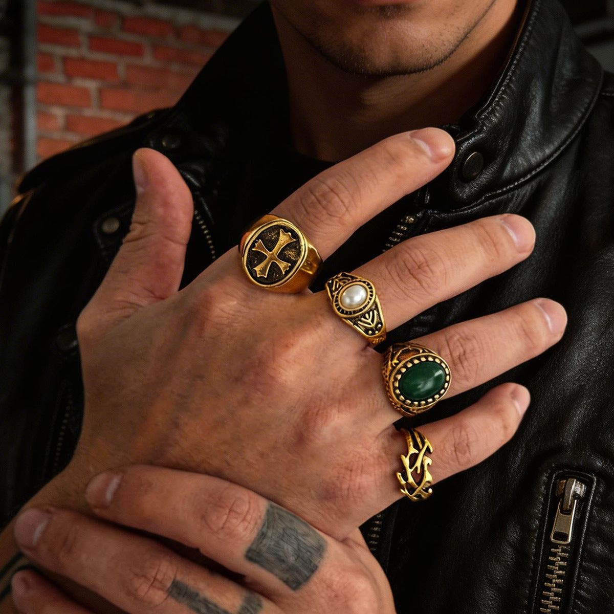 Men's Hip Hop Niche Cross Pearl Gem Ring