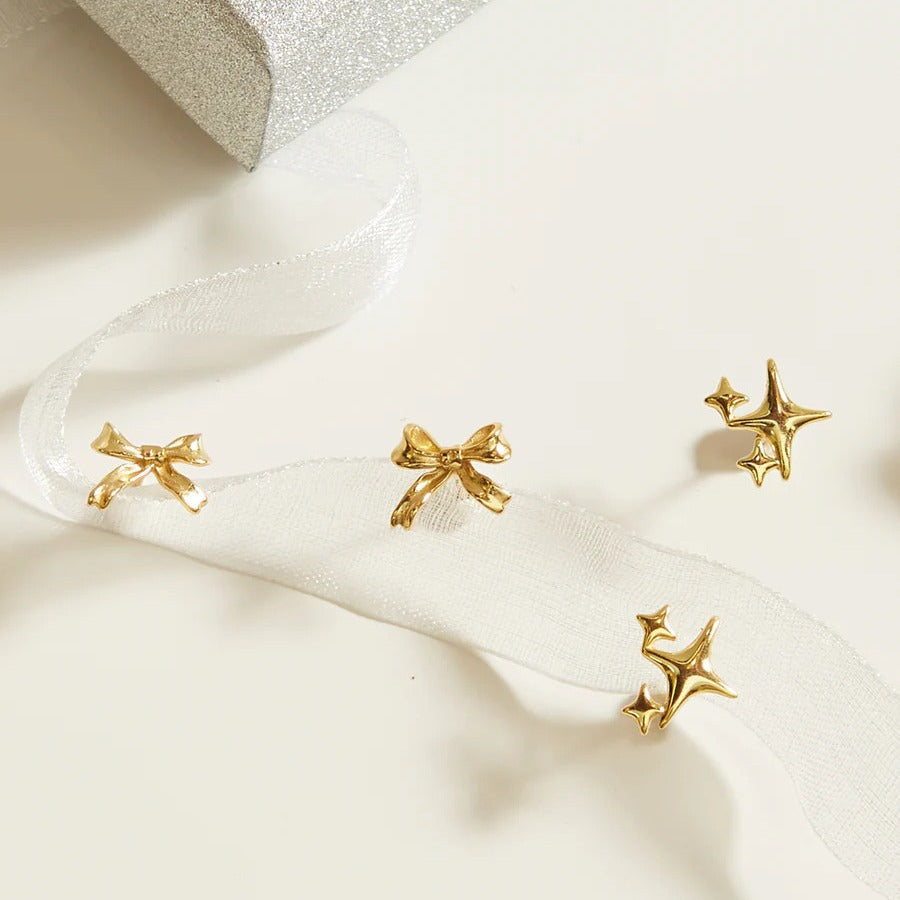 Niche Bow Zircon Stainless Steel Gold Stud Earrings