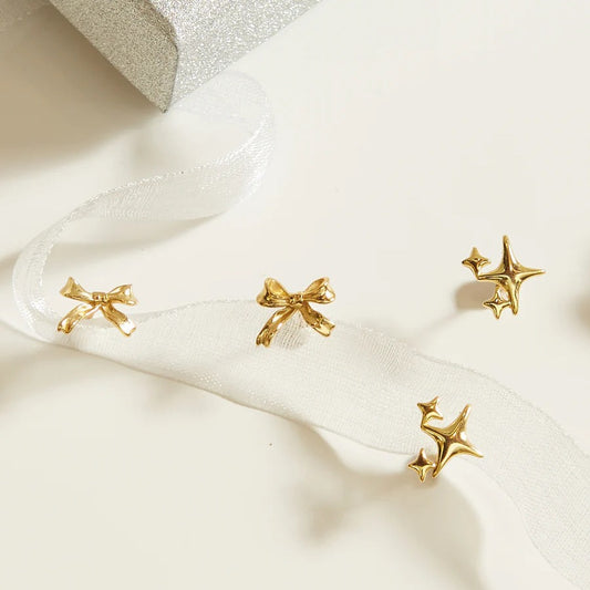 Niche Bow Zircon Stainless Steel Gold Stud Earrings