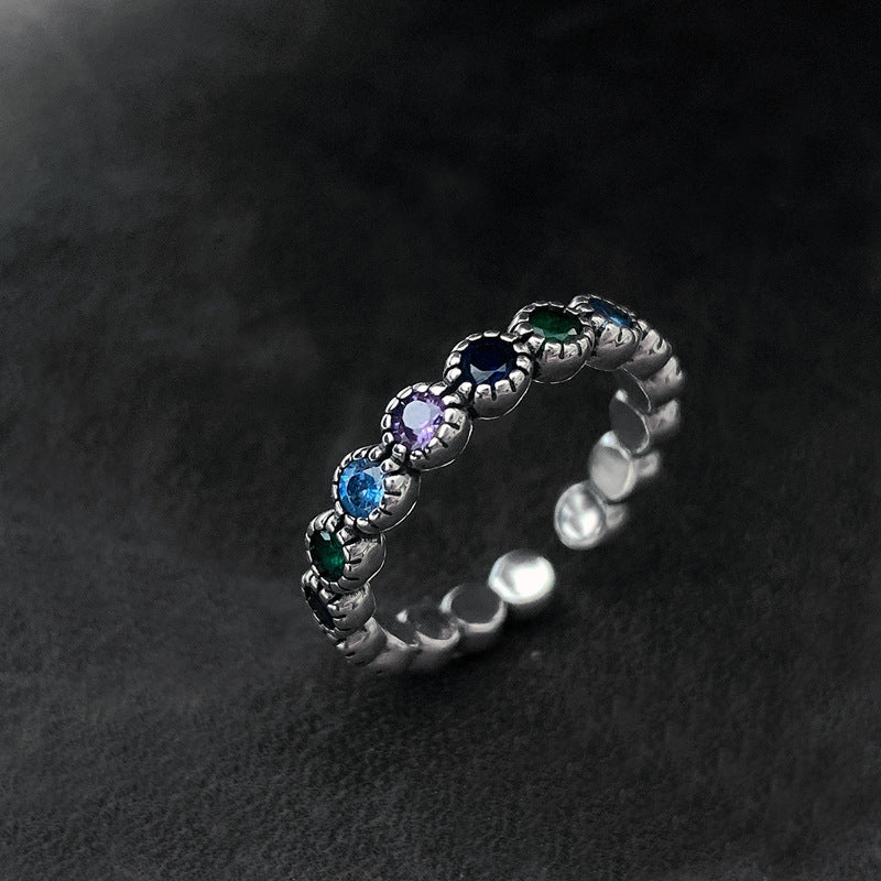 Round Color Zircon Personality Affordable Luxury Cold Style French Flower Ring