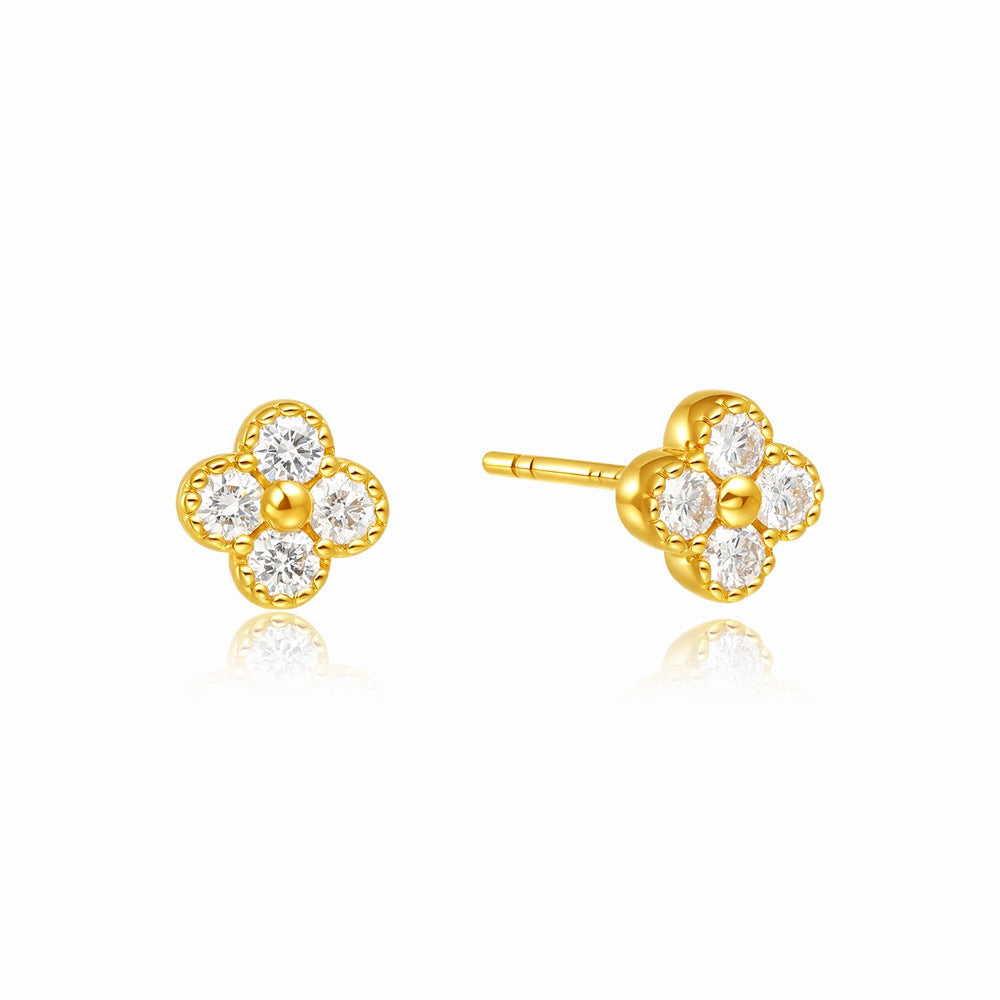 Elegant Simple Shiny Zircon Four Leaf Clover Ear Small Stud Earrings