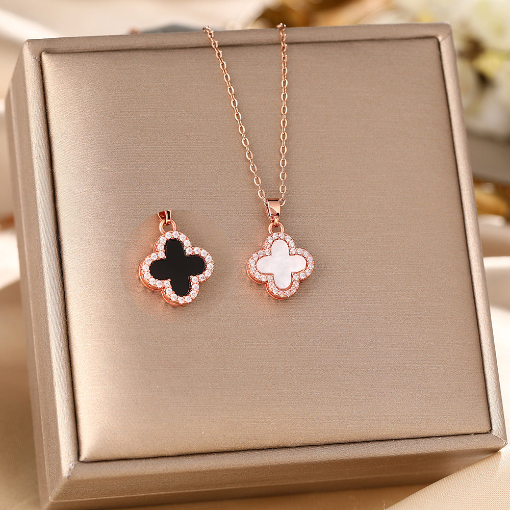 Women's Clover Black White Light Luxury Sweater Chain Double-sided Necklace