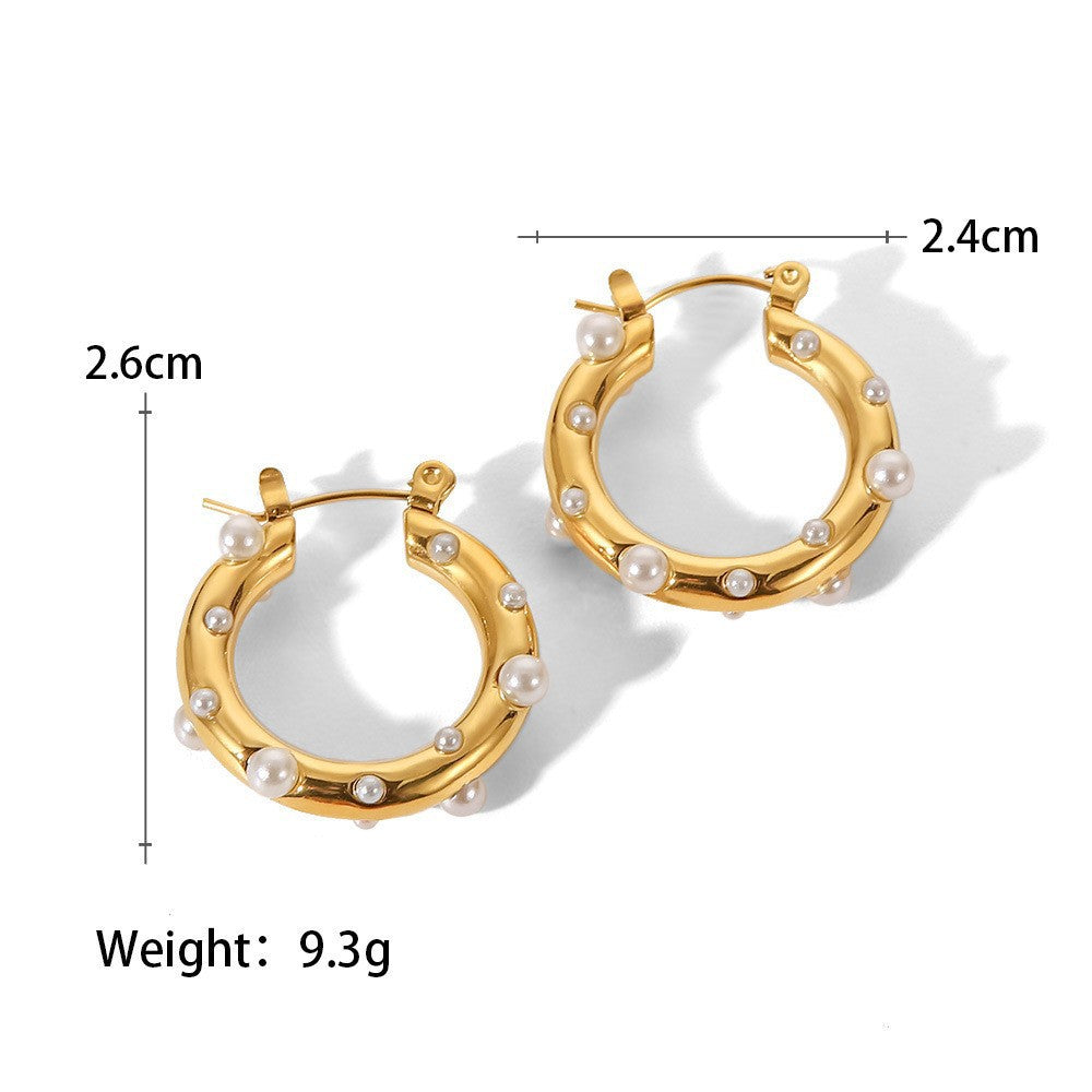 Women's Personalized Stainless Steel Hoop Inlaid Pearl Earrings