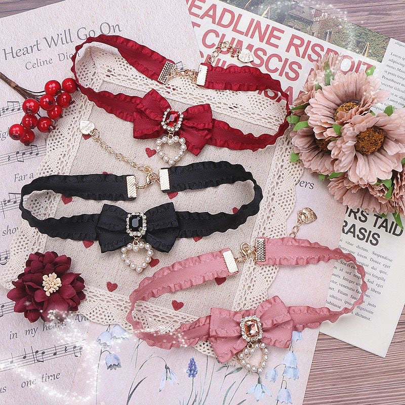 Handmade Style Sweet Cute Lady Bow Rhinestone Love Necklace