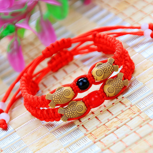 Women's & Men's Moon Peach Pit Woven Hand Strap Small Fish Red Rope Bracelet