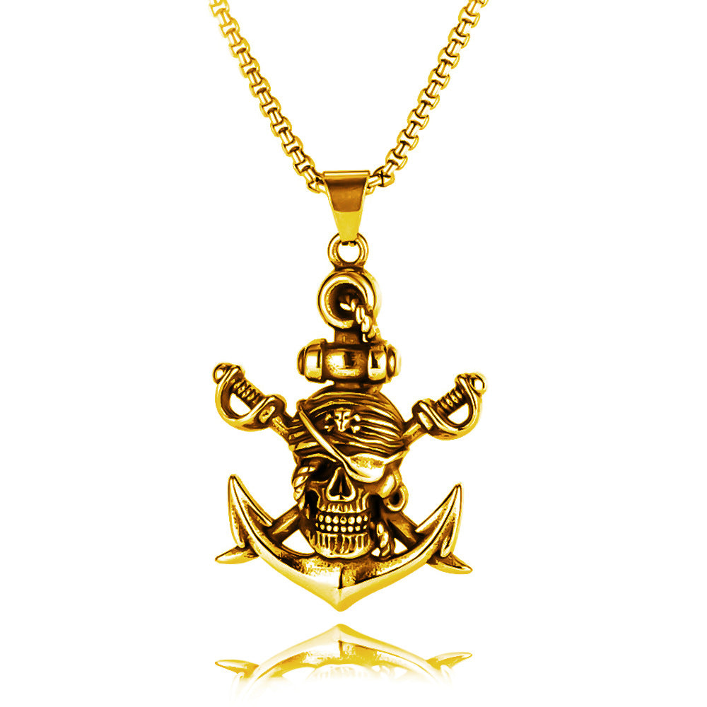 Double Sword Pirate Titanium Steel Vintage Halloween Skull Ghost Head Necklace